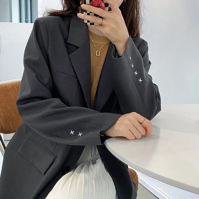 [Korean Style] Embroidery Single Breasted Loose Fit Blazer