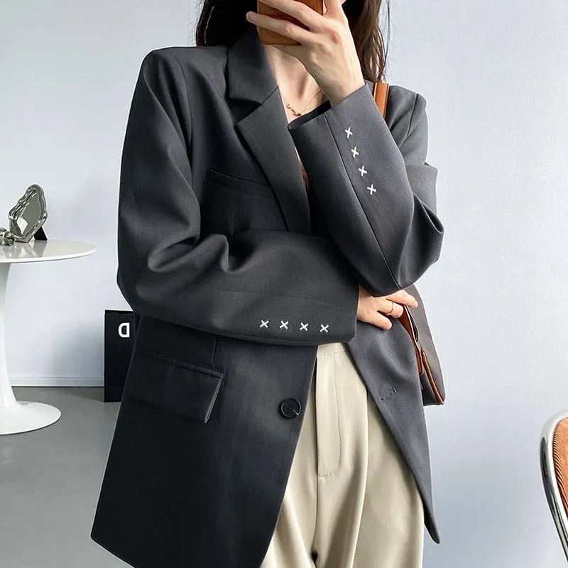 [Korean Style] Embroidery Single Breasted Loose Fit Blazer
