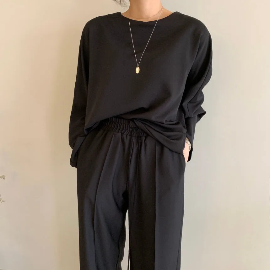 [Korean Style] Jaylyn Minimal Sweatshirt Drawstring Pants 2 Piece Set