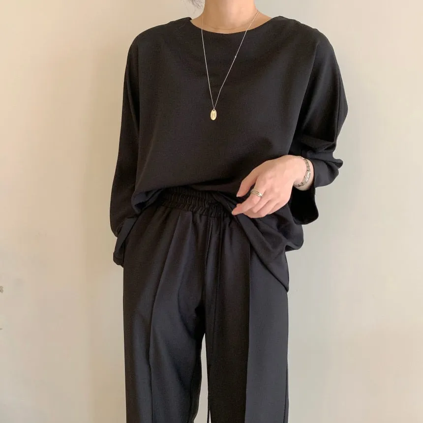 [Korean Style] Jaylyn Minimal Sweatshirt Drawstring Pants 2 Piece Set