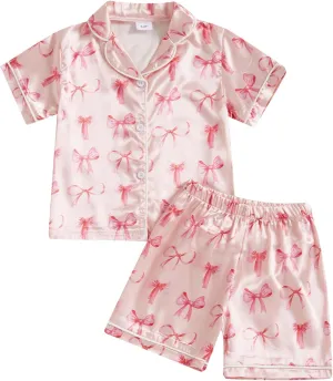 Kuriozud Toddler Baby Kids Satin Pajamas Short Sleeve Button Down 2 Piece Pajama Set Little Girl Sleepwear Summer Pajamas