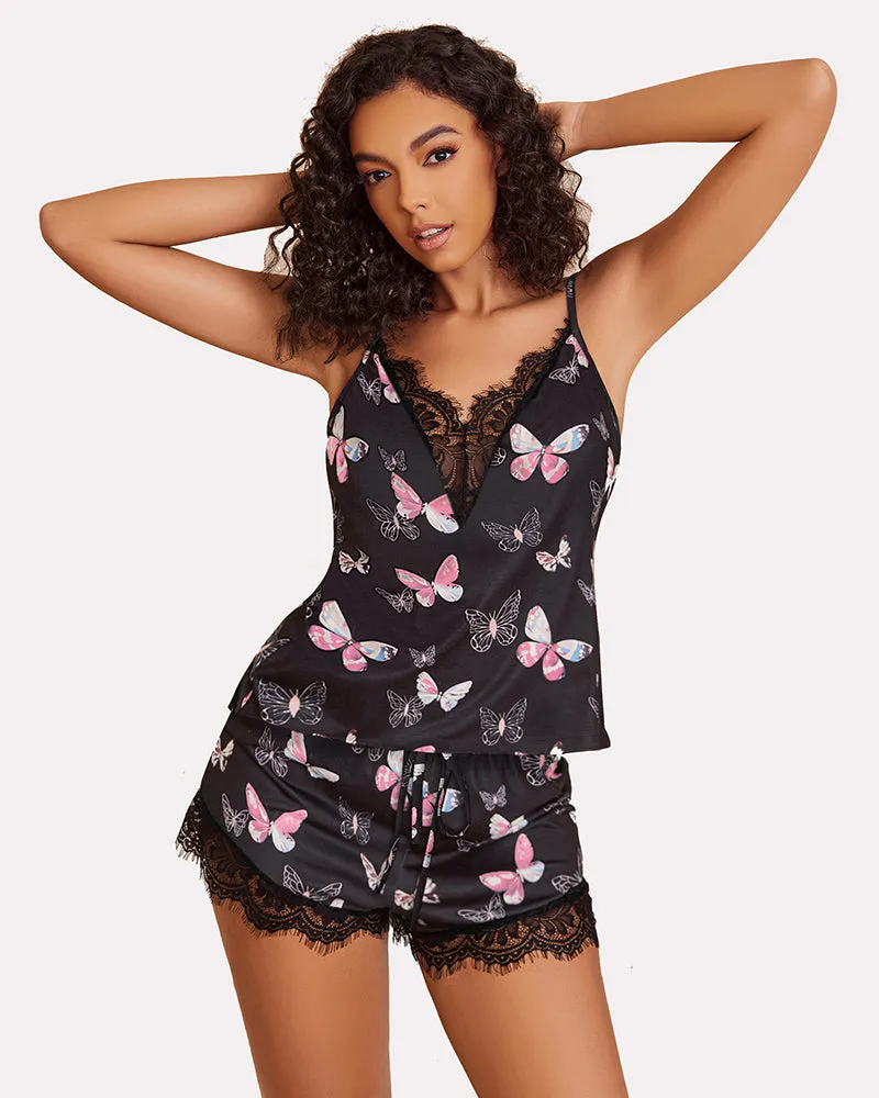 Lace Trim Leopard Print Pajama Set