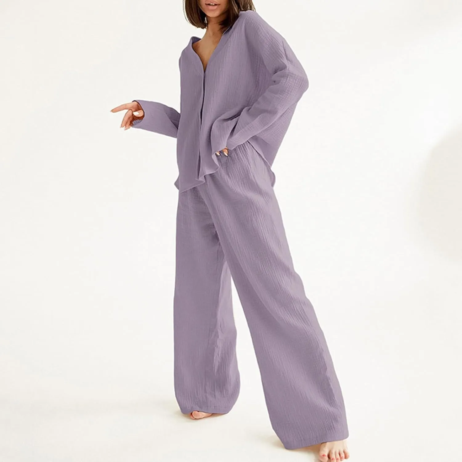 Ladies Fashion Solid Color Sleepwear Loose Shirt Long Sleeve V Neck Cardigan And Straight Trousers Pajamas Two Set