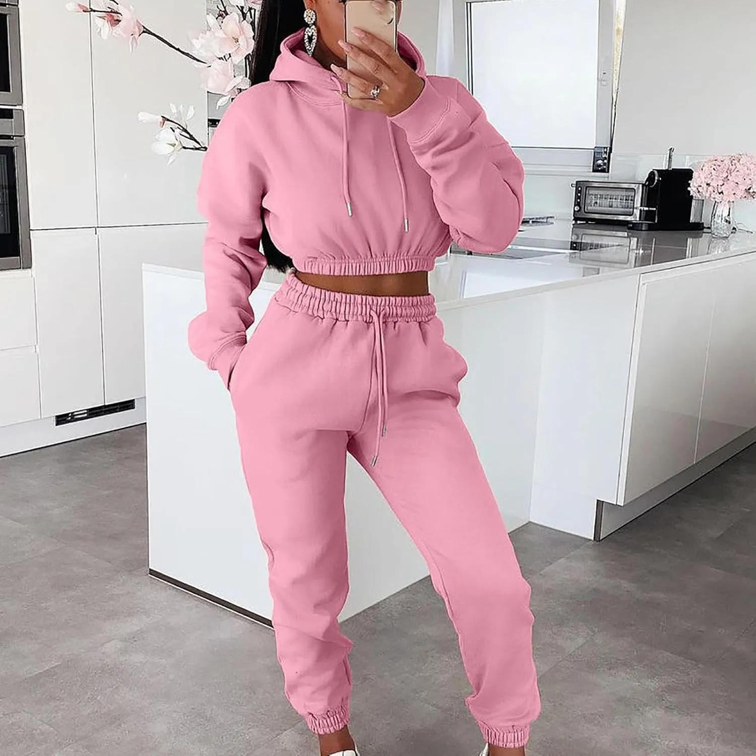 Lastesso Jogger Sets for Women 2 Piece Trendy Cropped Sweatshirt Hood High with Waist Sweatpants Soft Running Sweatsuits