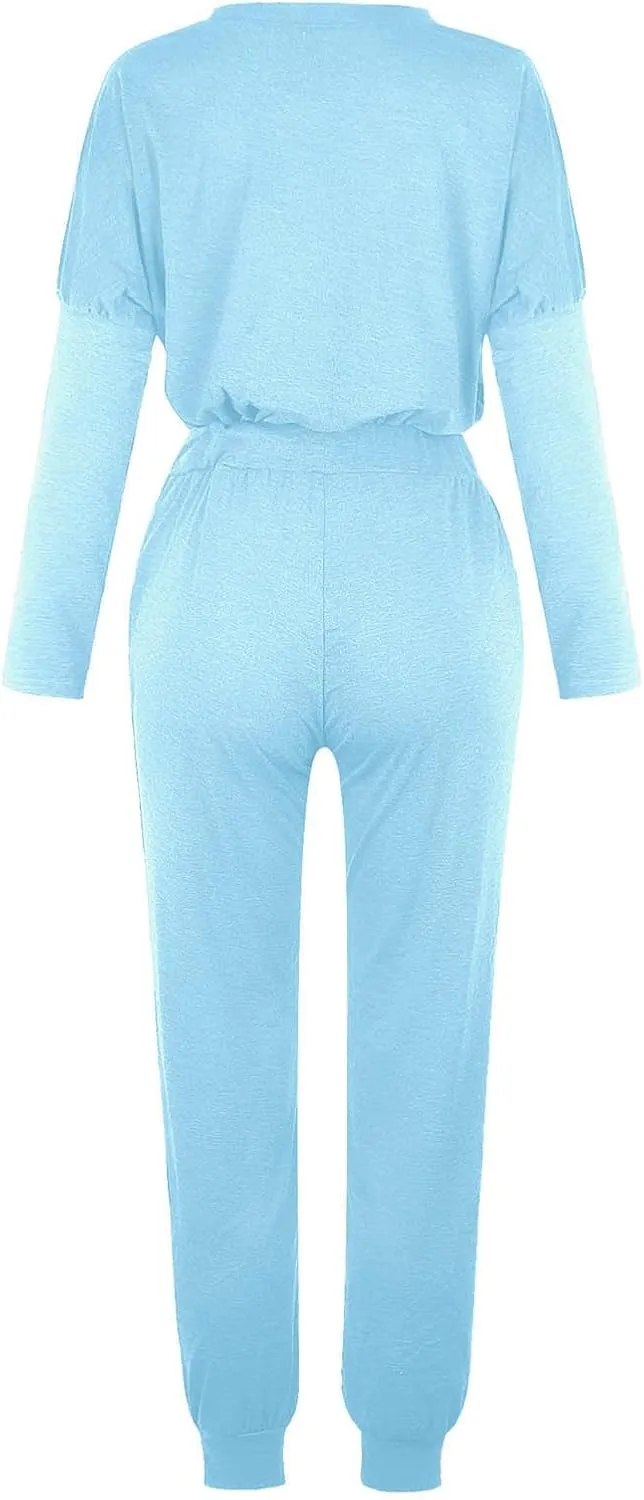 Lastesso Lounge Sets for Women 2 Piece Long Pants Solid Crewneck Loose Sweatsuits with Pockets Soft Sweat Suits Set