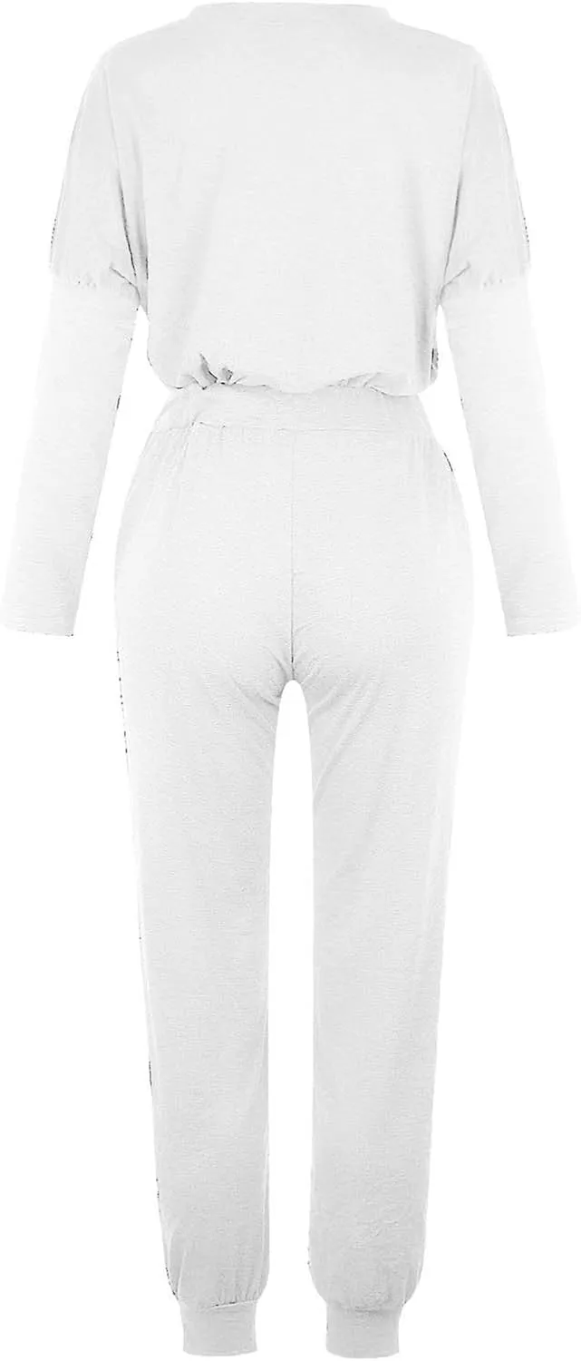 Lastesso Lounge Sets for Women 2 Piece Long Pants Solid Crewneck Loose Sweatsuits with Pockets Soft Sweat Suits Set
