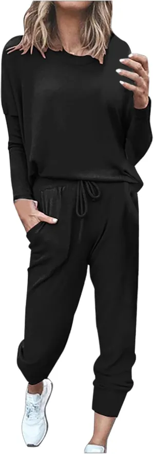 Lastesso Lounge Sets for Women 2 Piece Long Pants Solid Crewneck Loose Sweatsuits with Pockets Soft Sweat Suits Set