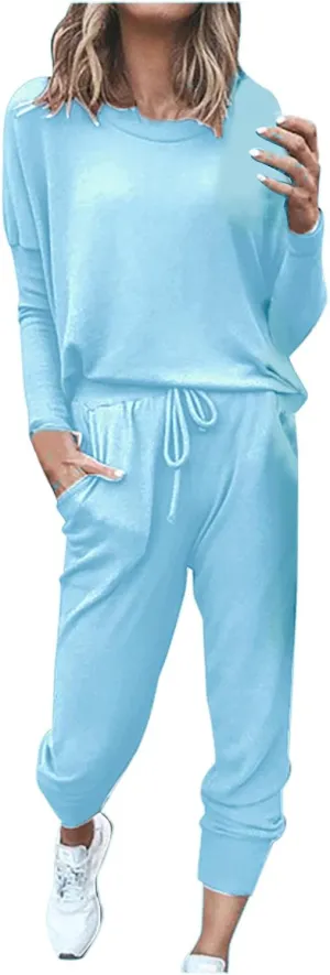 Lastesso Lounge Sets for Women 2 Piece Long Pants Solid Crewneck Loose Sweatsuits with Pockets Soft Sweat Suits Set