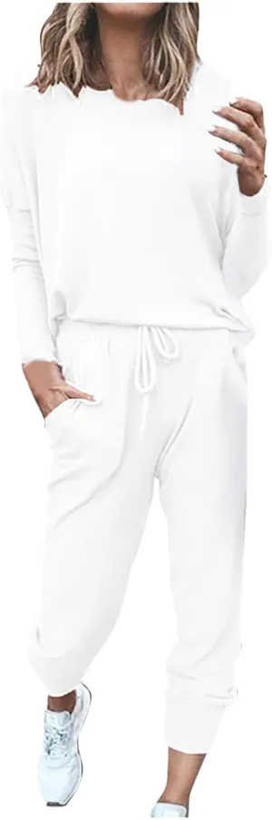 Lastesso Lounge Sets for Women 2 Piece Long Pants Solid Crewneck Loose Sweatsuits with Pockets Soft Sweat Suits Set