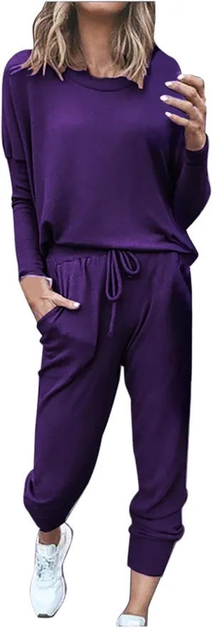 Lastesso Lounge Sets for Women 2 Piece Long Pants Solid Crewneck Loose Sweatsuits with Pockets Soft Sweat Suits Set