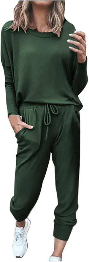 Lastesso Lounge Sets for Women 2 Piece Long Pants Solid Crewneck Loose Sweatsuits with Pockets Soft Sweat Suits Set