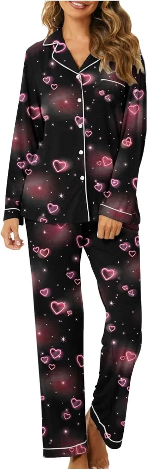 Lastesso Pajamas for Women Set Button down V Neck Shirts with Lounge Pants Soft Printed 2 Piece Sets Pj Homewear