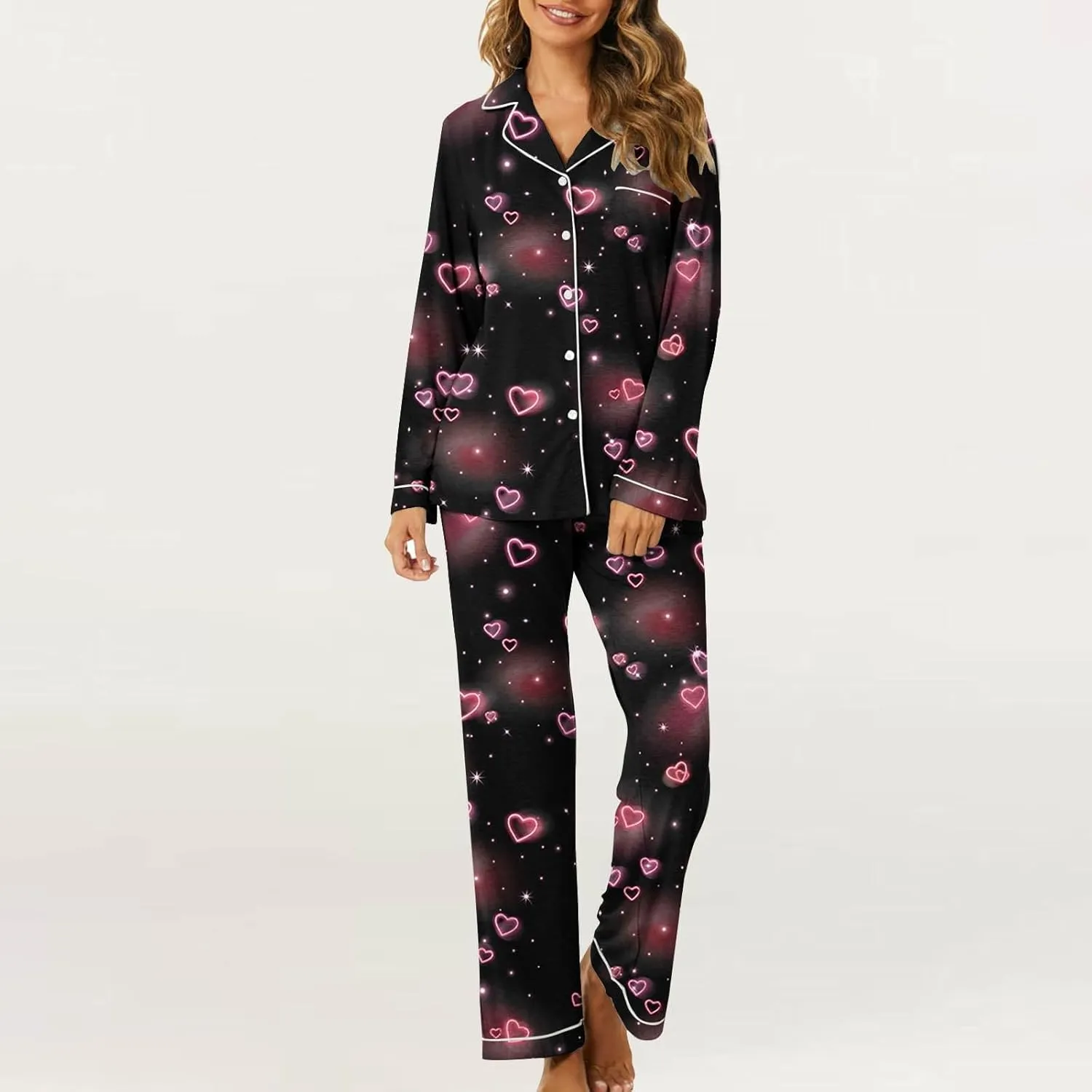 Lastesso Pajamas for Women Set Button down V Neck Shirts with Lounge Pants Soft Printed 2 Piece Sets Pj Homewear