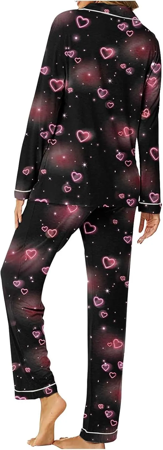 Lastesso Pajamas for Women Set Button down V Neck Shirts with Lounge Pants Soft Printed 2 Piece Sets Pj Homewear