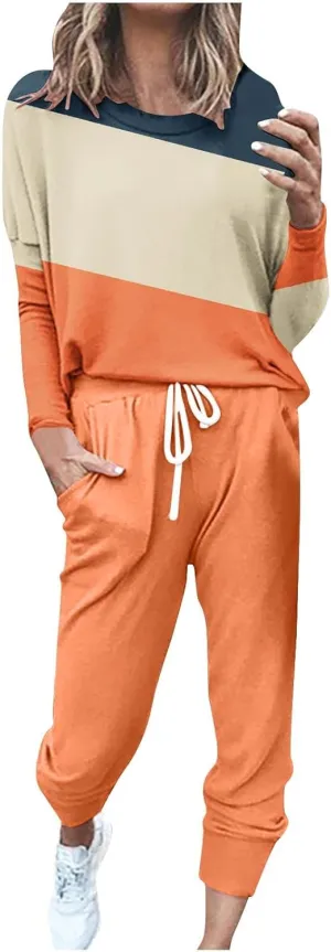 Lastesso Plus Size Lounge Sets for Women Color Block Joggers Track Suits Casual Tie Ankle Banded Loungewear Soft Sweatsuits