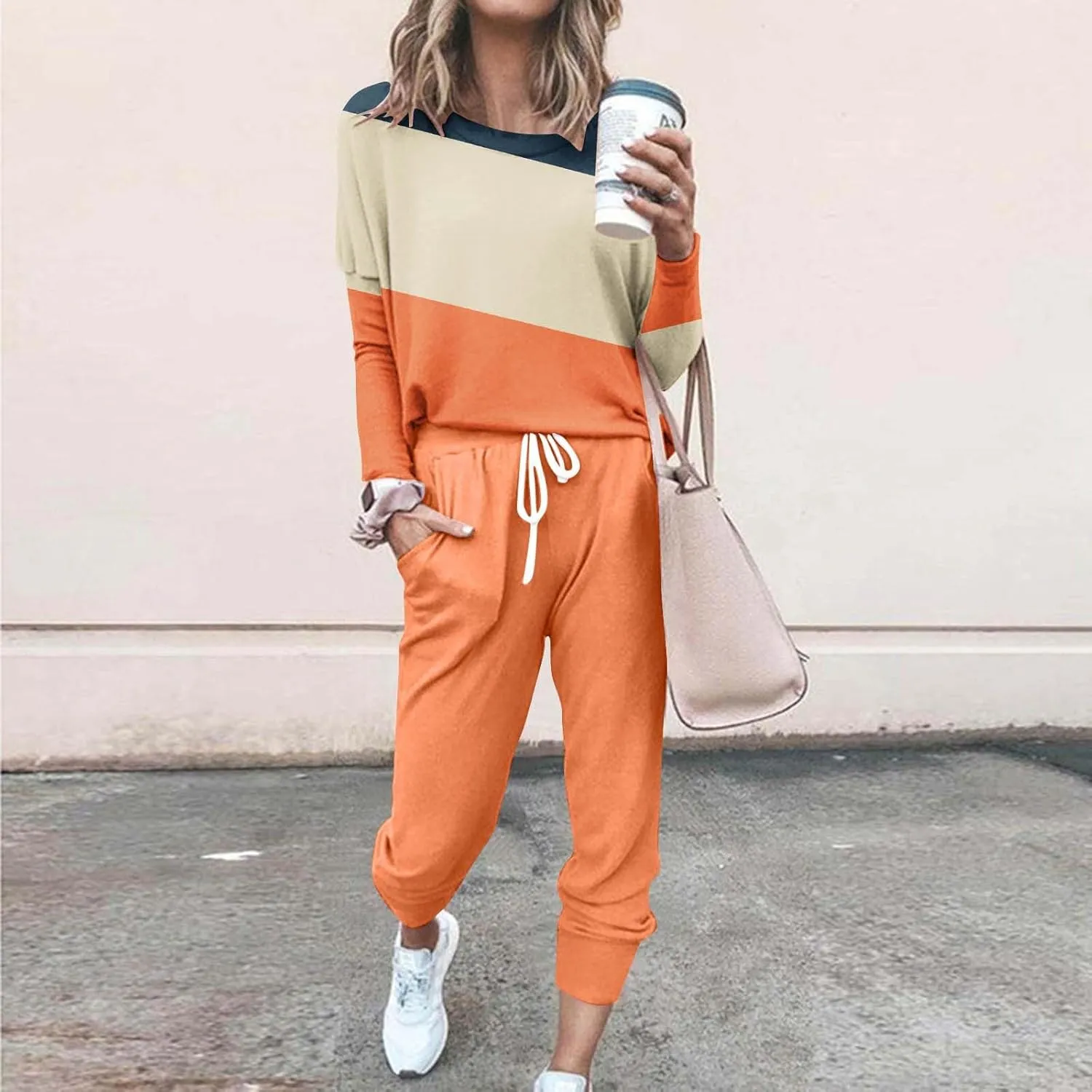 Lastesso Plus Size Lounge Sets for Women Color Block Joggers Track Suits Casual Tie Ankle Banded Loungewear Soft Sweatsuits
