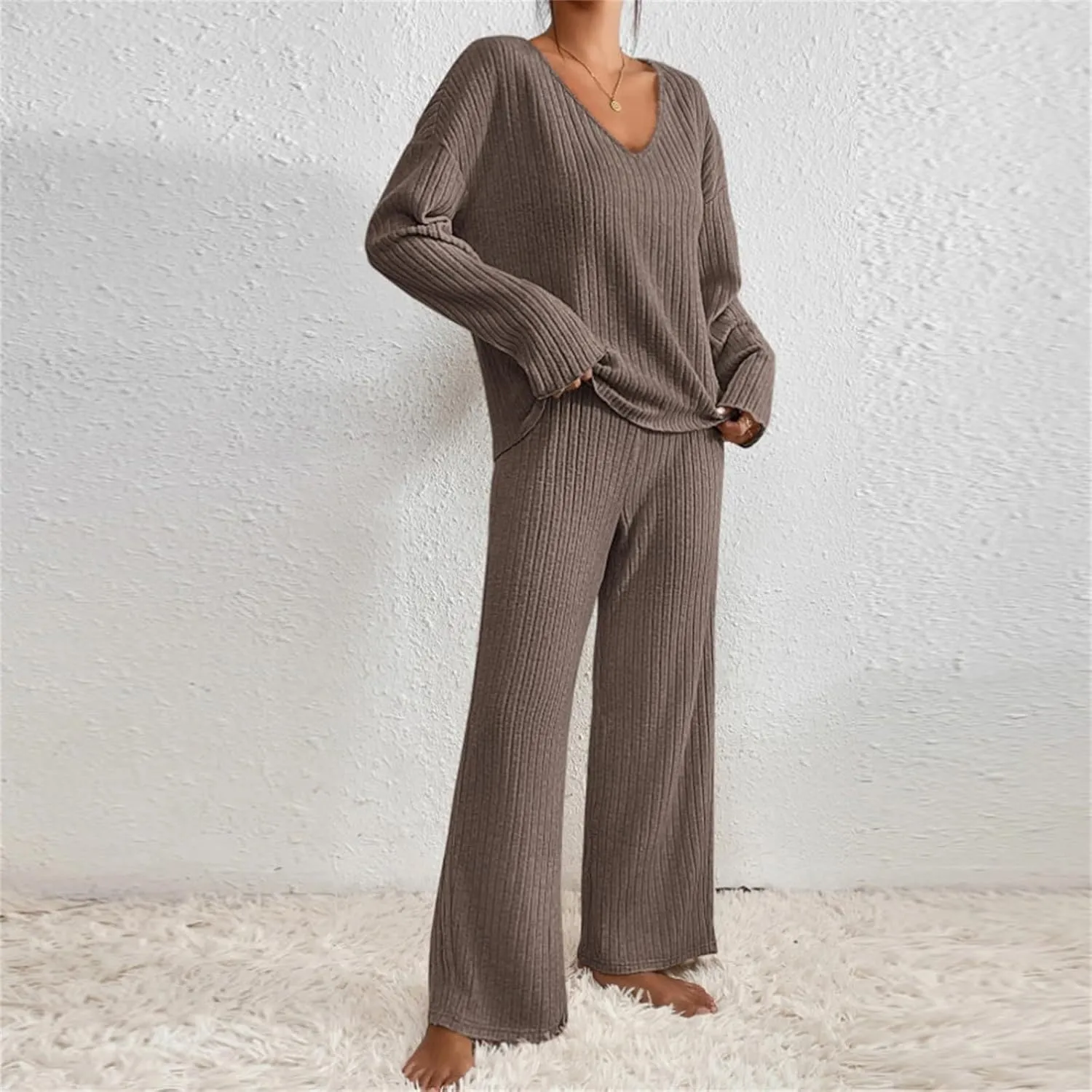 Lastesso Two Piece Sets for Women V Neck Loungewear Sets Baggy Size Solid Homewear Soft Spring Fall Going Out Outfits Set