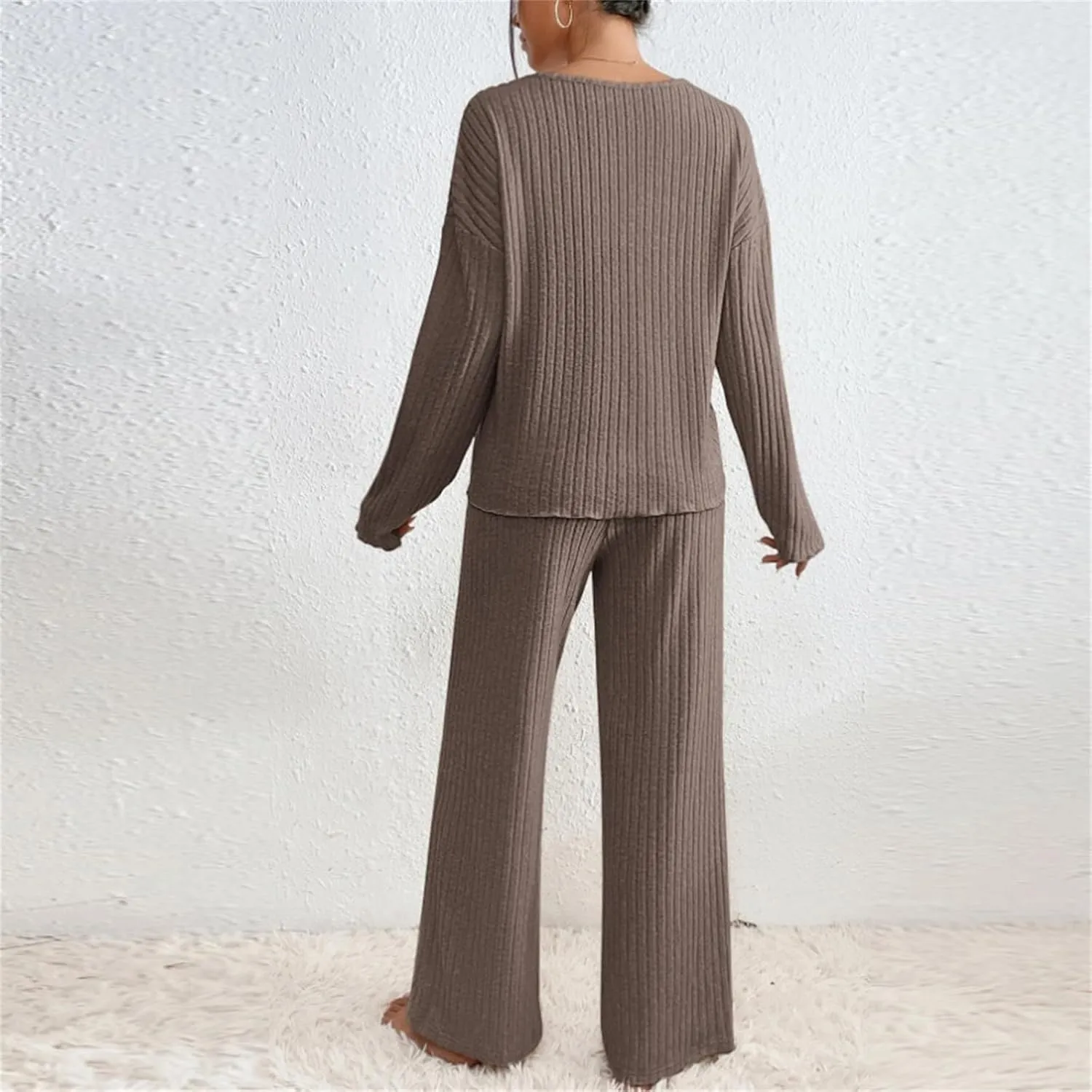 Lastesso Two Piece Sets for Women V Neck Loungewear Sets Baggy Size Solid Homewear Soft Spring Fall Going Out Outfits Set