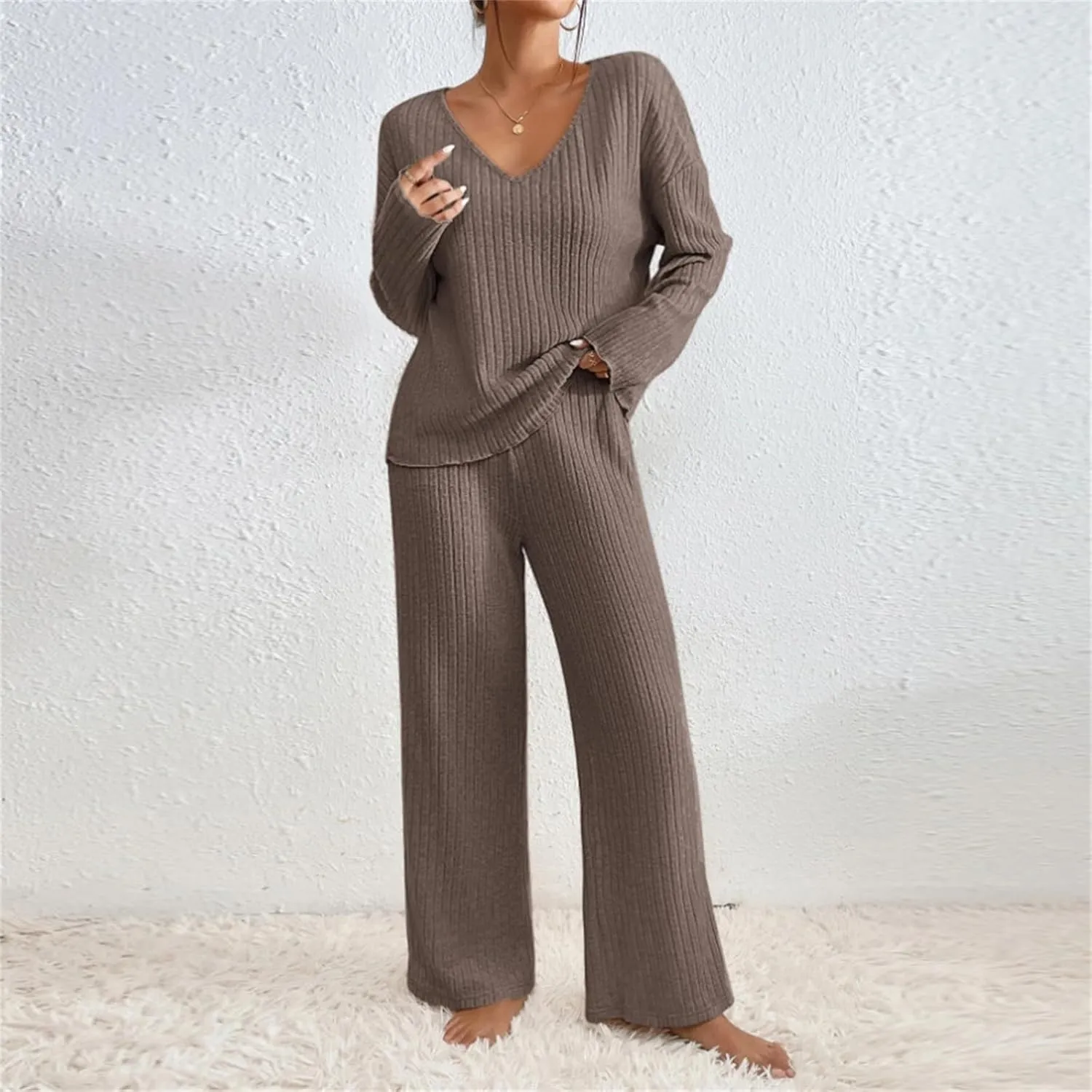 Lastesso Two Piece Sets for Women V Neck Loungewear Sets Baggy Size Solid Homewear Soft Spring Fall Going Out Outfits Set