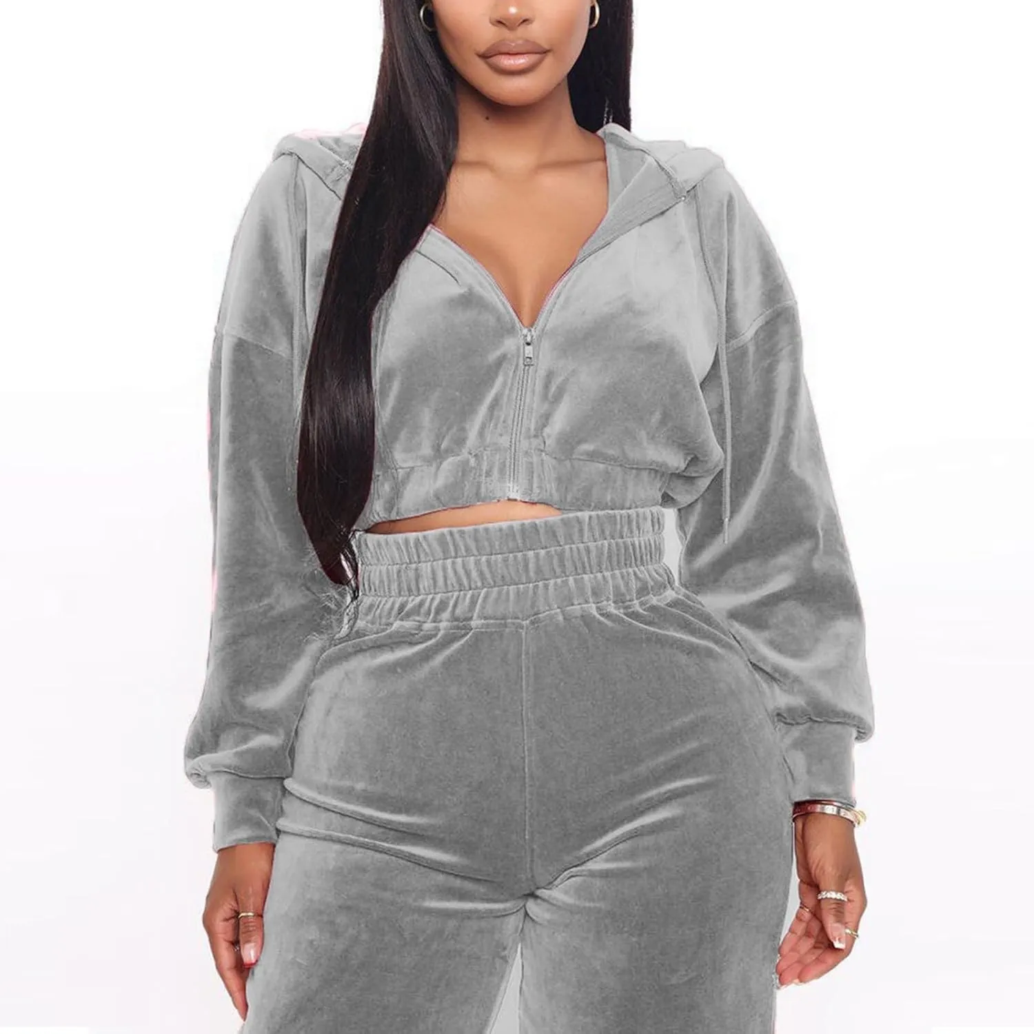 Lastesso Velour Jogging Suits for Women Soft Track Suits 2 Piece Set Cozy Loungewear Cropped Jackets Elastic Sweatpants
