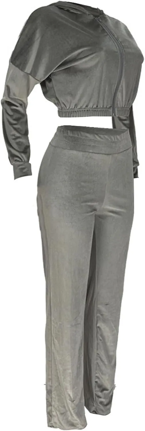 Lastesso Velour Jogging Suits for Women Soft Track Suits 2 Piece Set Cozy Loungewear Cropped Jackets Elastic Sweatpants