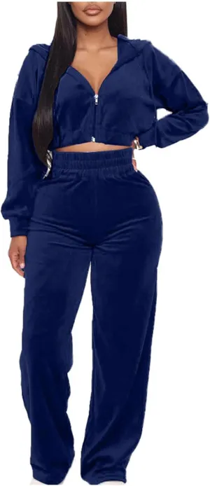 Lastesso Velour Jogging Suits for Women Soft Track Suits 2 Piece Set Cozy Loungewear Cropped Jackets Elastic Sweatpants