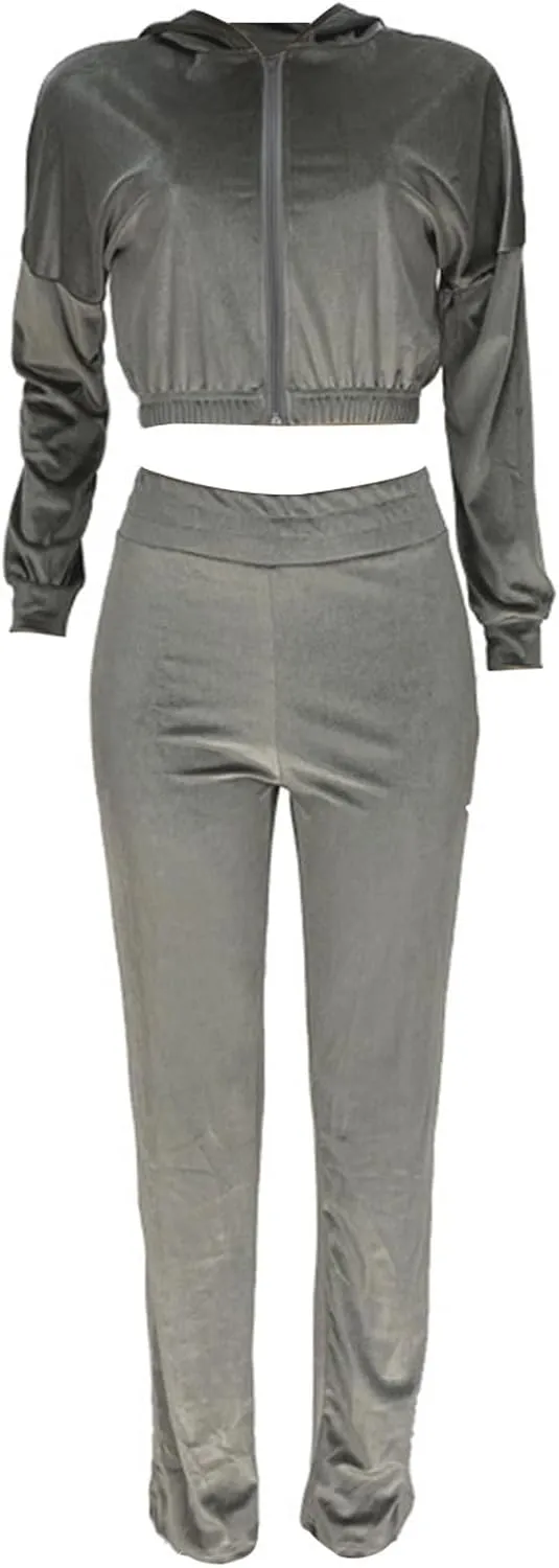 Lastesso Velour Jogging Suits for Women Soft Track Suits 2 Piece Set Cozy Loungewear Cropped Jackets Elastic Sweatpants