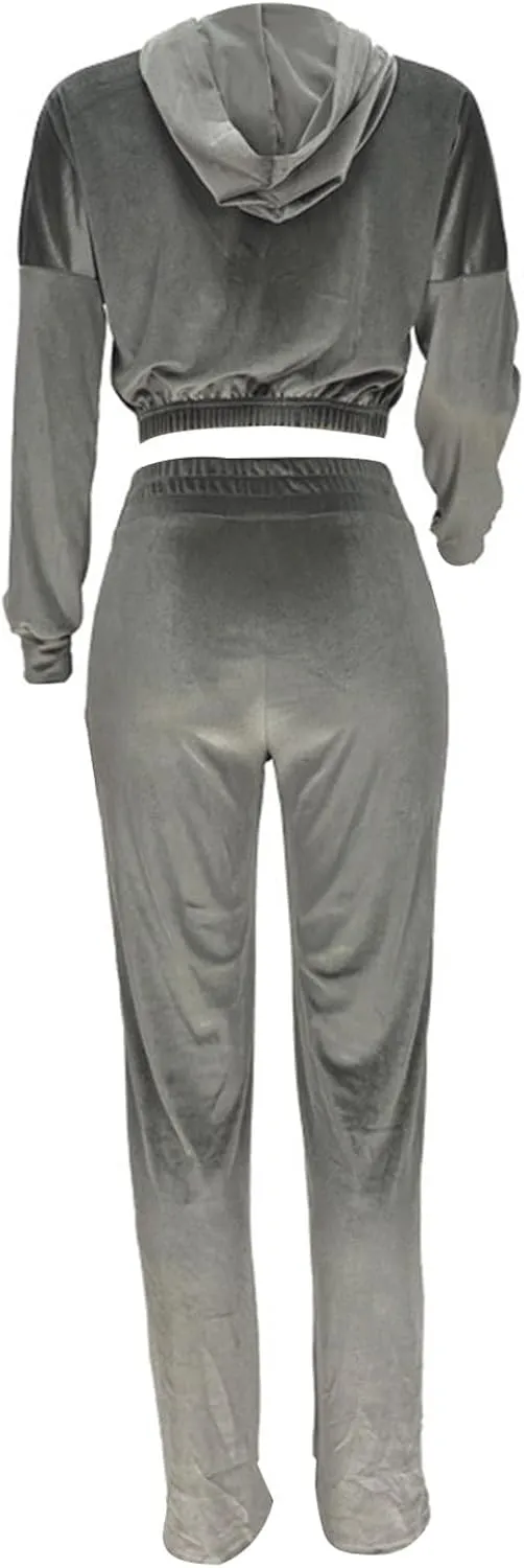 Lastesso Velour Jogging Suits for Women Soft Track Suits 2 Piece Set Cozy Loungewear Cropped Jackets Elastic Sweatpants