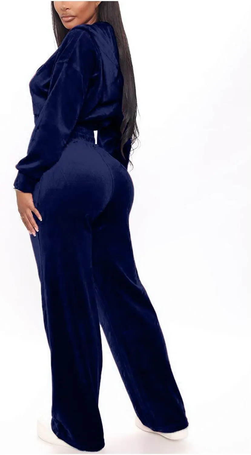 Lastesso Velour Jogging Suits for Women Soft Track Suits 2 Piece Set Cozy Loungewear Cropped Jackets Elastic Sweatpants