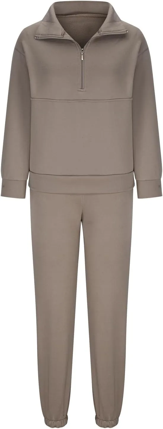 Lastesso Women Jogger Set 1/4 Zipper Loose Sweatshirt and Baggy Sweatpants Soft Solid Tracksuit 2 Piece Set Cozy Loungewear