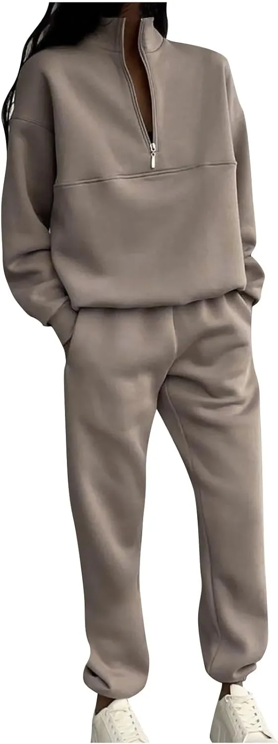 Lastesso Women Jogger Set 1/4 Zipper Loose Sweatshirt and Baggy Sweatpants Soft Solid Tracksuit 2 Piece Set Cozy Loungewear