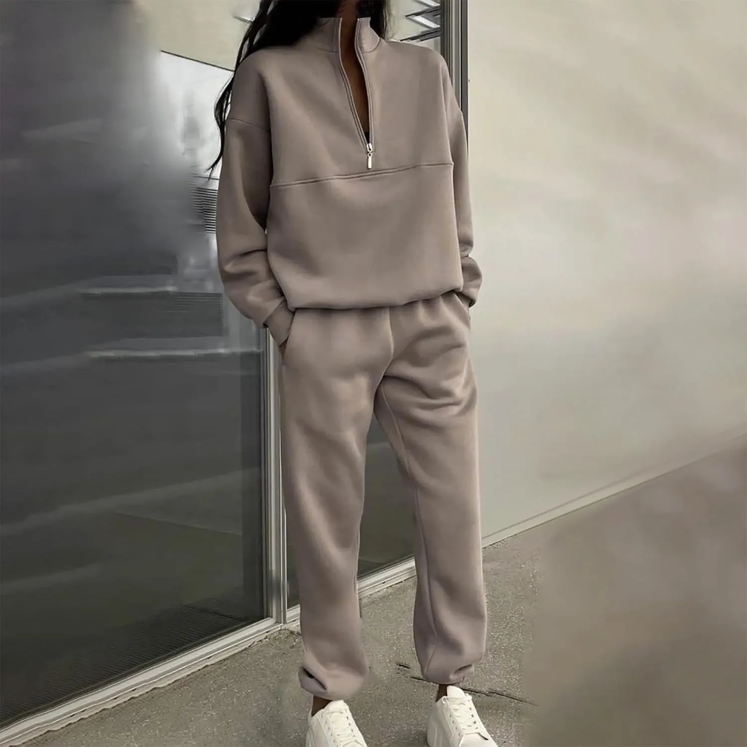 Lastesso Women Jogger Set 1/4 Zipper Loose Sweatshirt and Baggy Sweatpants Soft Solid Tracksuit 2 Piece Set Cozy Loungewear