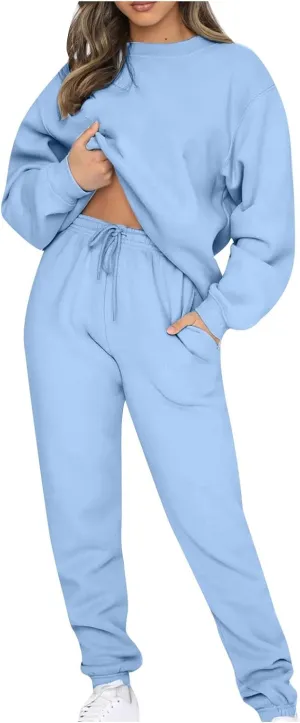Lastesso Women Plus Size Workout Sets Crewneck Long Sleeve Sweatshirts Baggy Cinch Bottom Sweatpants Track Suits 2 Piece Set