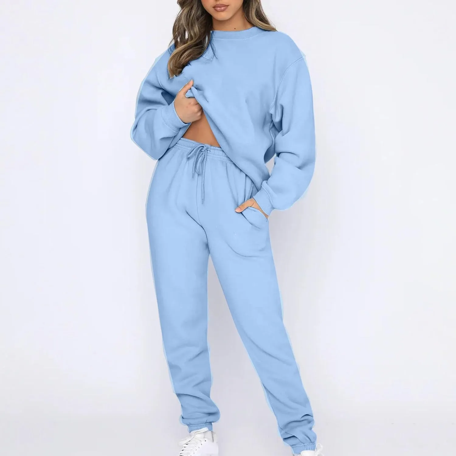 Lastesso Women Plus Size Workout Sets Crewneck Long Sleeve Sweatshirts Baggy Cinch Bottom Sweatpants Track Suits 2 Piece Set