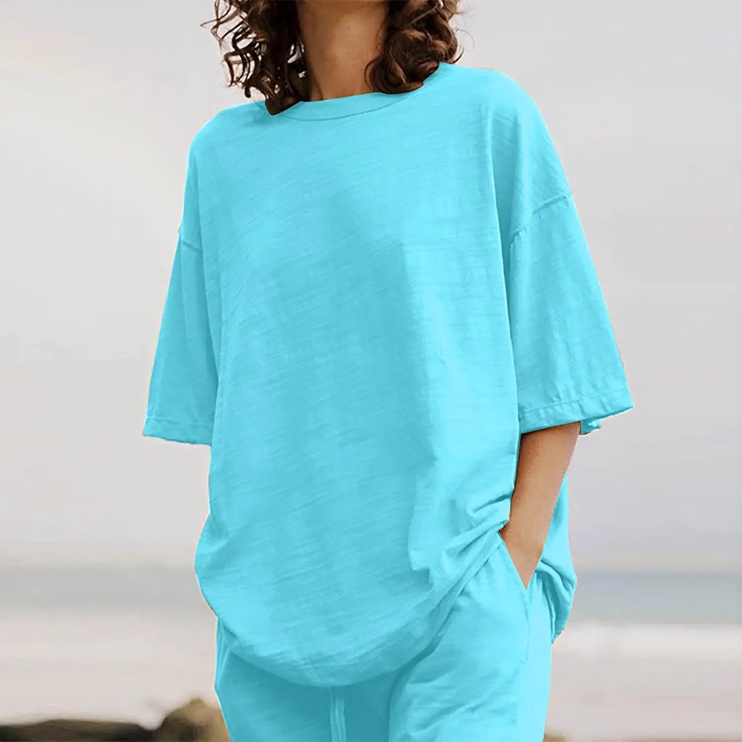 Lastesso Womens 2 Piece Outfits Summer Casual Short Sleeve Tops with Relaxed Long Palazzo Pants Solid Comfy Loungewear