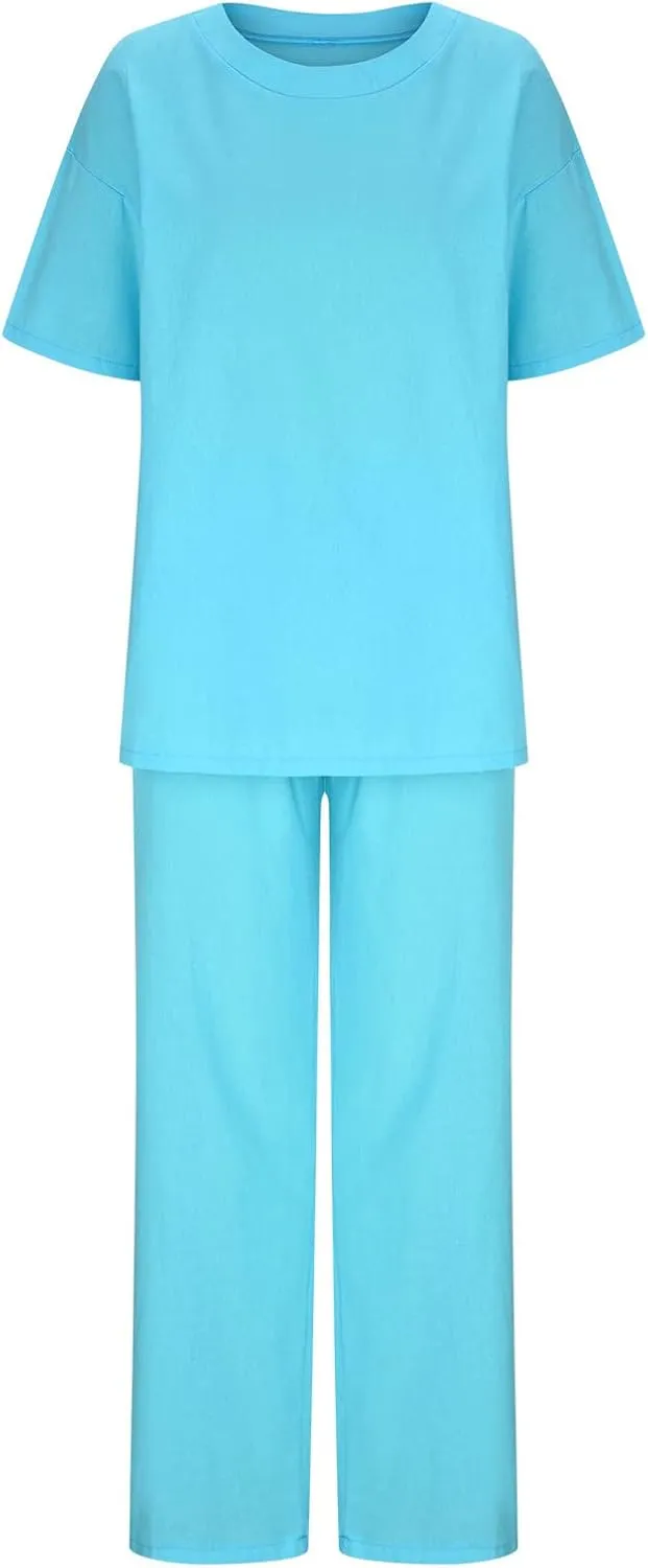 Lastesso Womens 2 Piece Outfits Summer Casual Short Sleeve Tops with Relaxed Long Palazzo Pants Solid Comfy Loungewear
