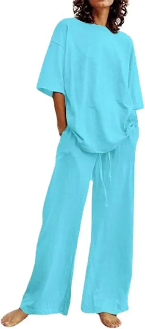 Lastesso Womens 2 Piece Outfits Summer Casual Short Sleeve Tops with Relaxed Long Palazzo Pants Solid Comfy Loungewear