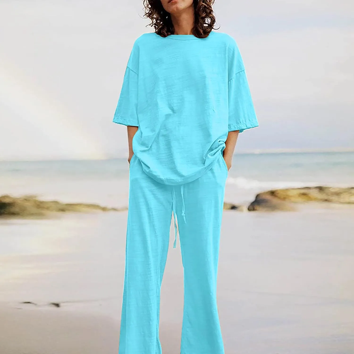 Lastesso Womens 2 Piece Outfits Summer Casual Short Sleeve Tops with Relaxed Long Palazzo Pants Solid Comfy Loungewear