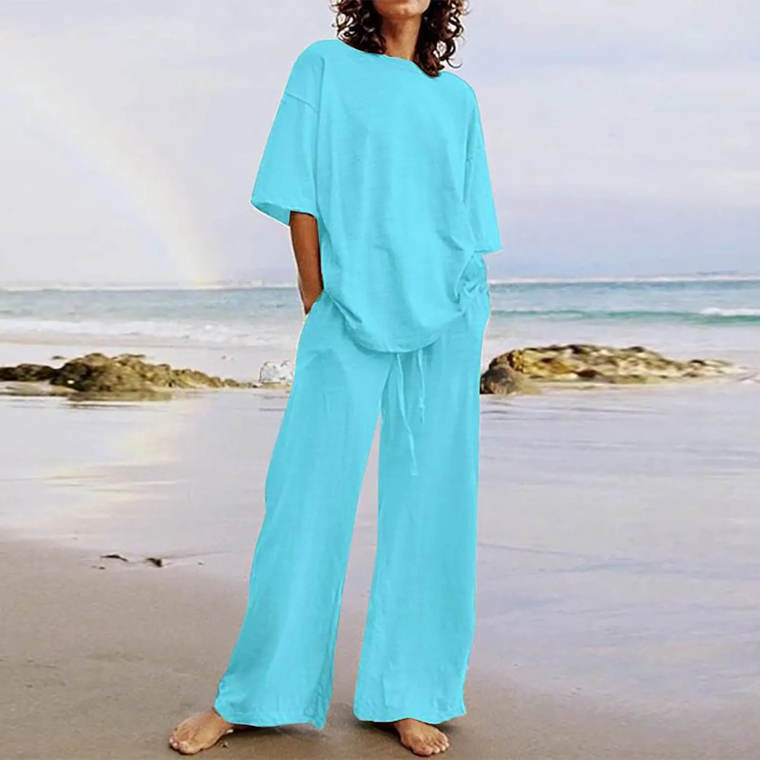Lastesso Womens 2 Piece Outfits Summer Casual Short Sleeve Tops with Relaxed Long Palazzo Pants Solid Comfy Loungewear