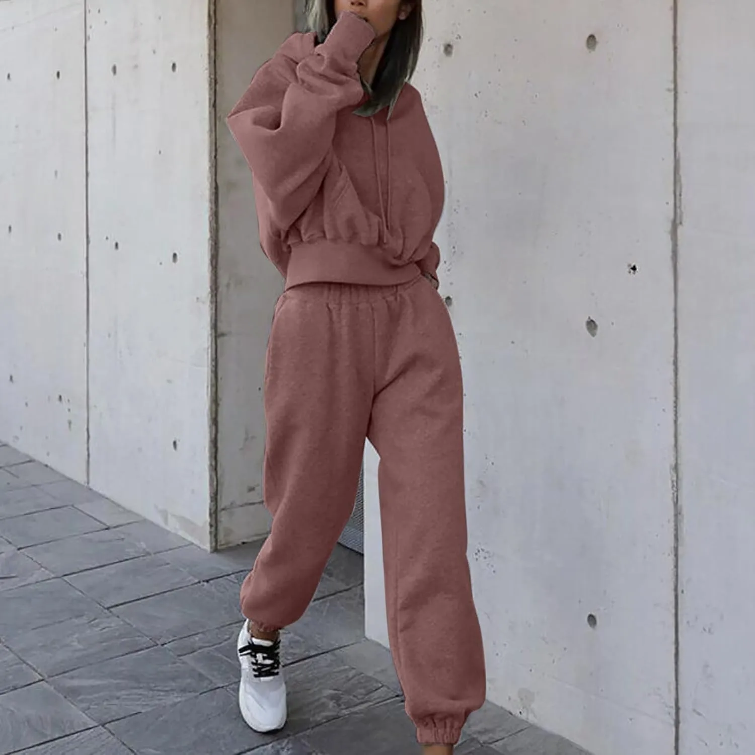 Lastesso Womens Matching Lounge Set Soft Long Sleeve Drawstring Tops Baggy Solid Sweat Suits Casual Sprint Fall Clothes