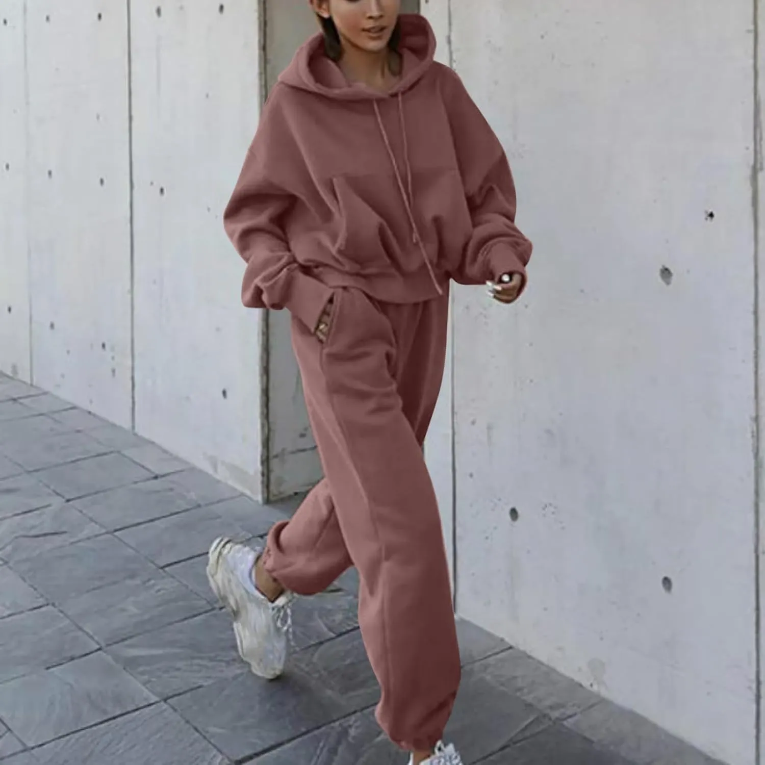 Lastesso Womens Matching Lounge Set Soft Long Sleeve Drawstring Tops Baggy Solid Sweat Suits Casual Sprint Fall Clothes
