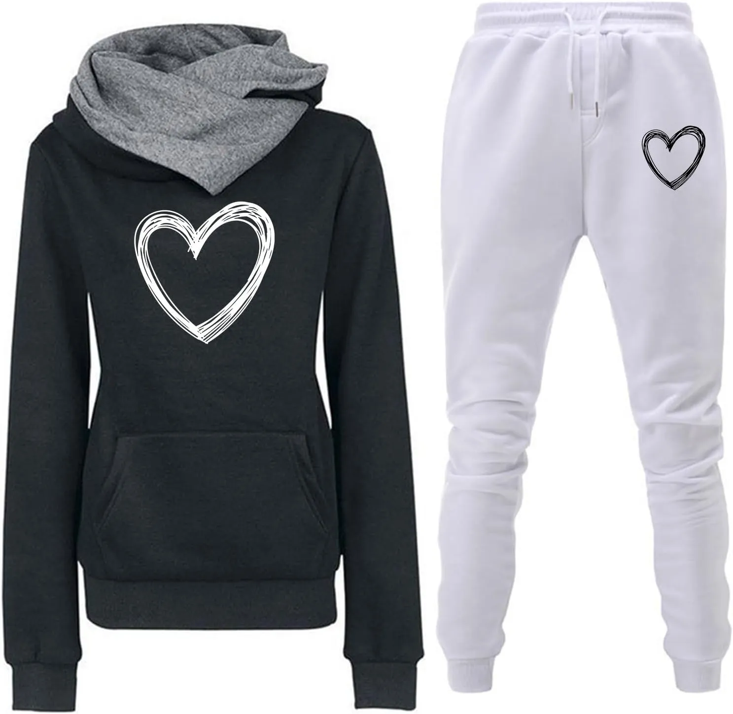 Lastesso Workout Sets for Women Trendy Color Block Heart Print Sweatsuits 2 Piece Set Soft Long Sleeve Loose Sweatshirt Pants