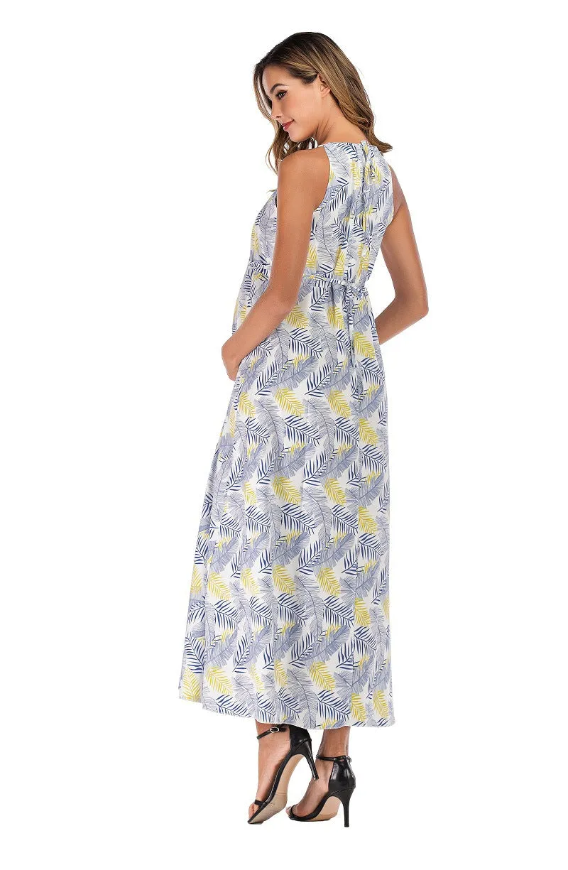 Leaf Print V-Neck Sleeveless Sling Maternity Long Dress