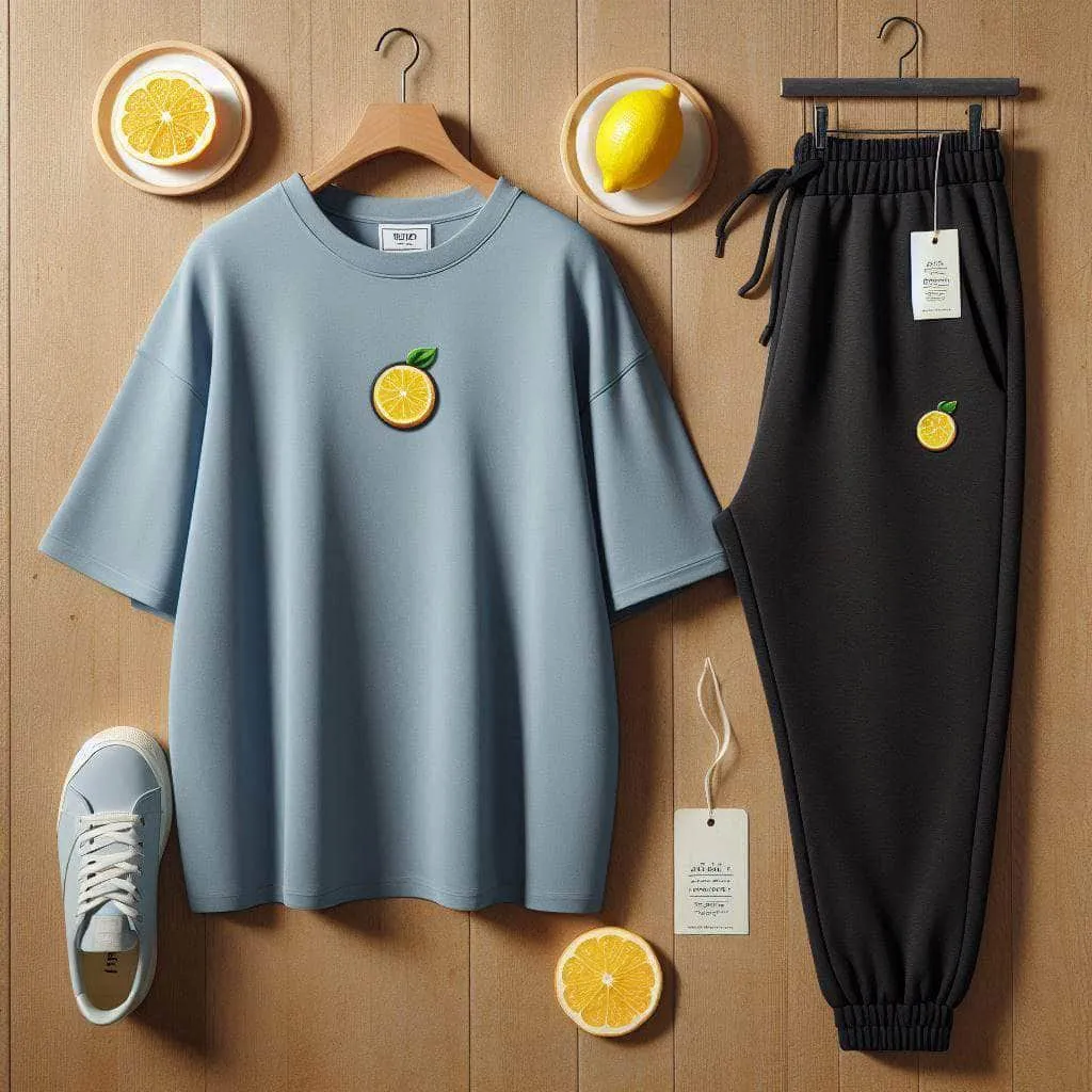 Lemon Tart Printed Oversized T-Shirt and Jogger Pants Set - LTUSTPS3 - Light Blue Black