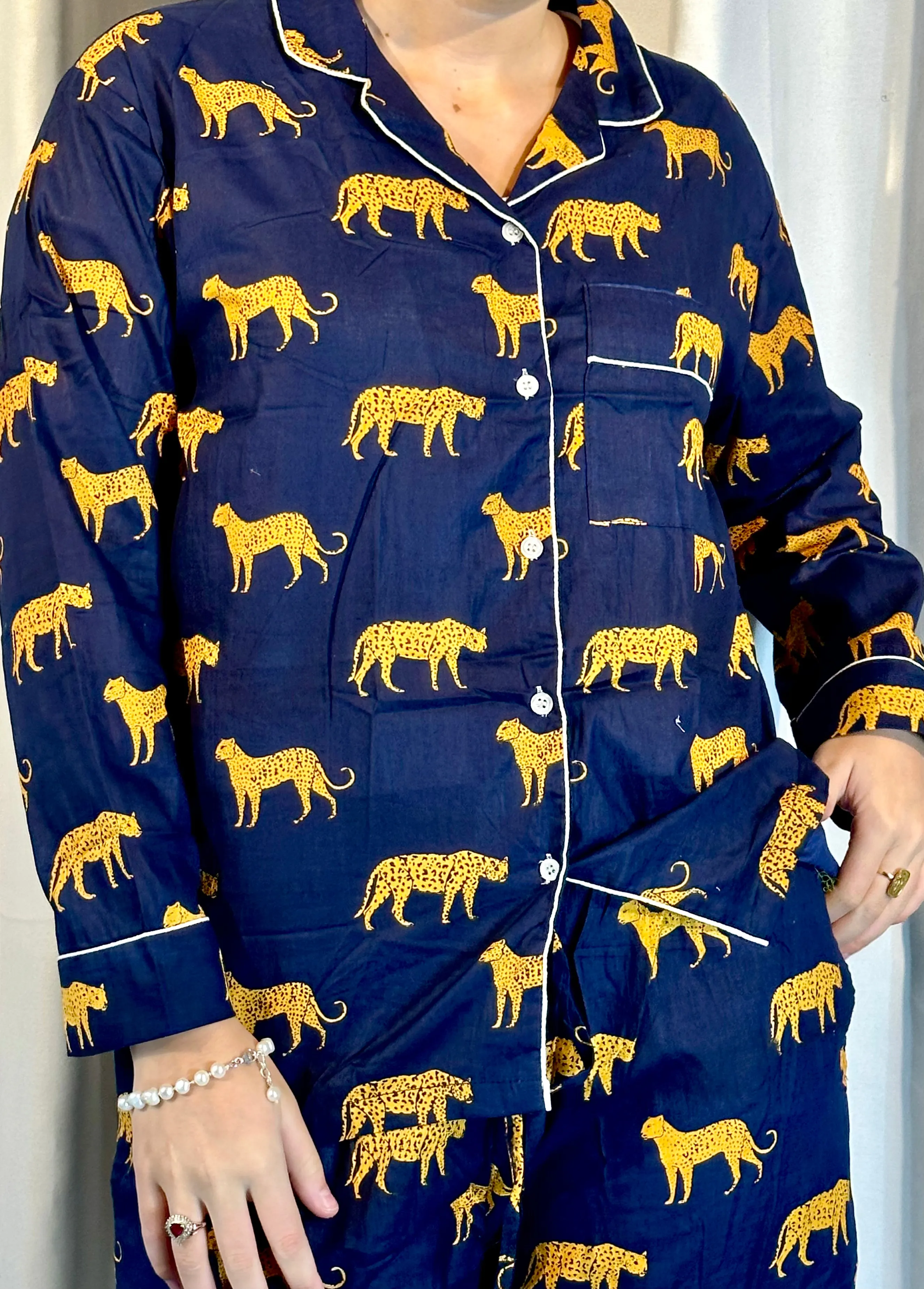 Leopard on the Prowl Pajama Set in Navy Blue