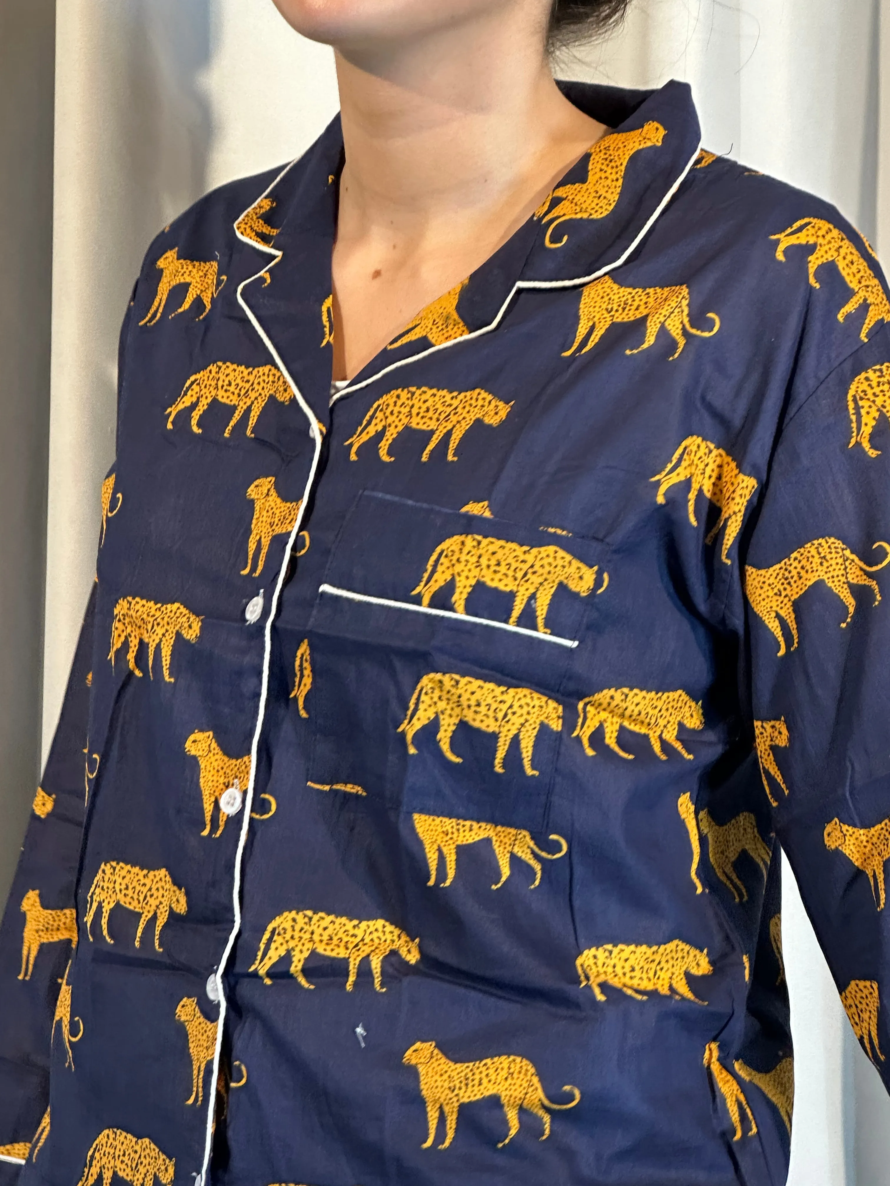 Leopard on the Prowl Pajama Set in Navy Blue
