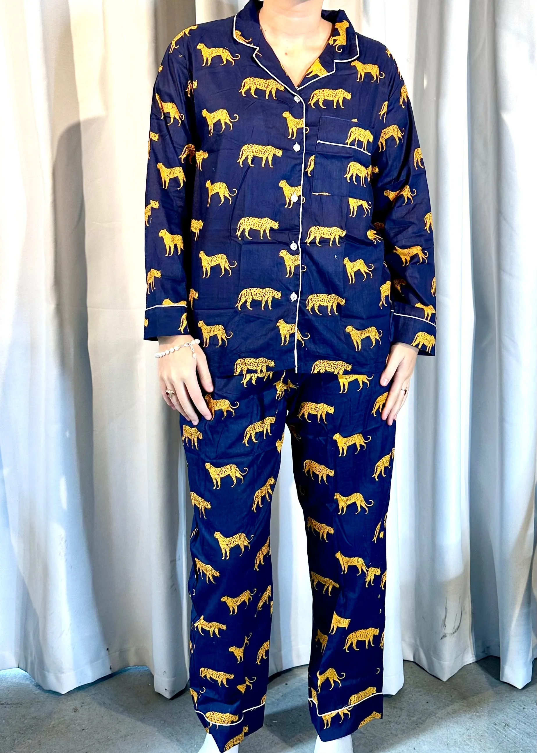 Leopard on the Prowl Pajama Set in Navy Blue