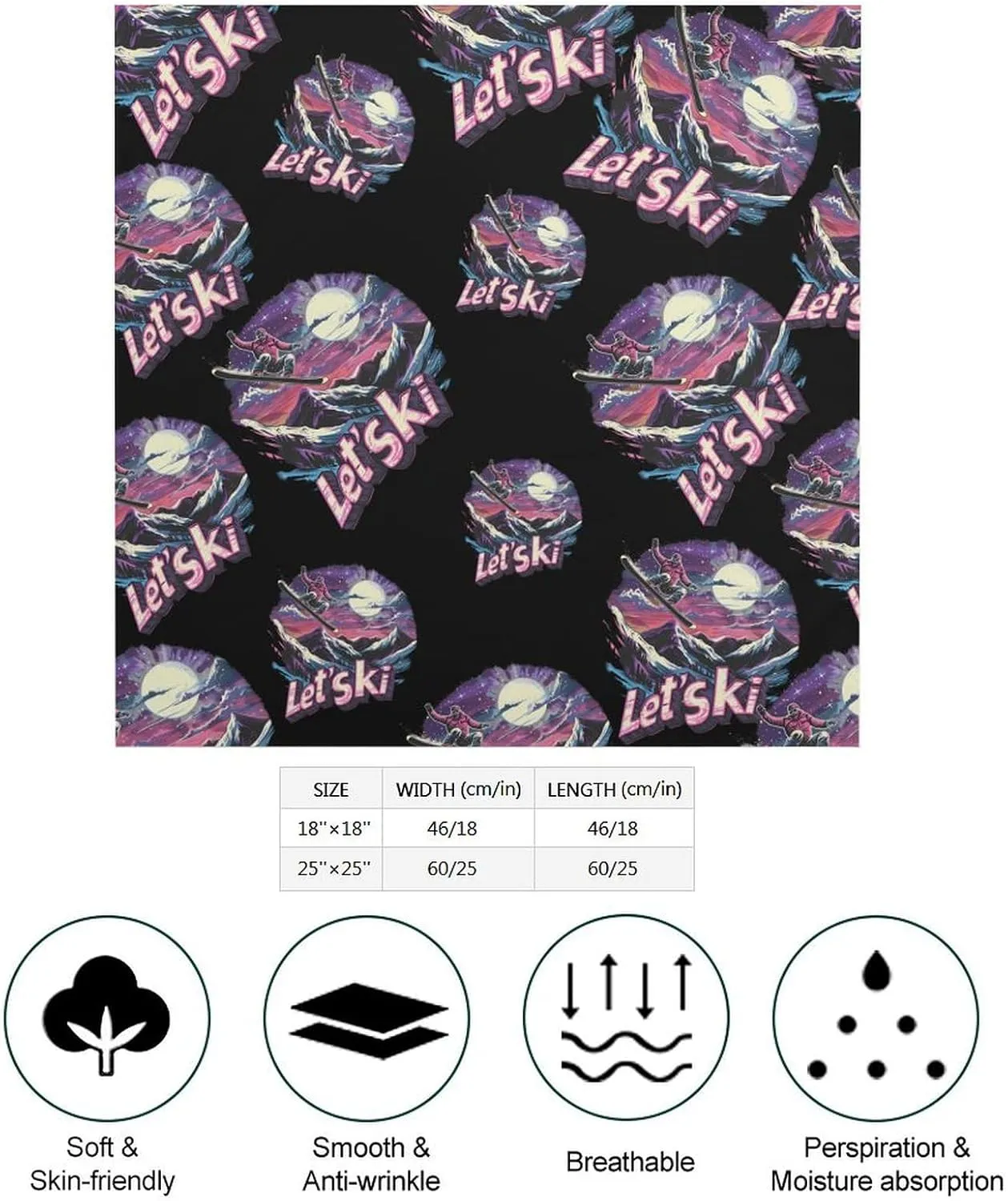 Let's Ski Vintage 80s 90s Skiing Silk Head Scarf Neckerchief Square Scarves Vintage Bandanas for Men Women