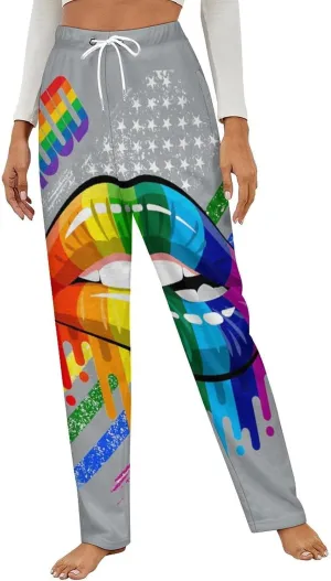 LGBT Rainbow Lips Pride GAY Women's Flannel Pajama Pants Fleece Lounge Sleep Bottoms PJ