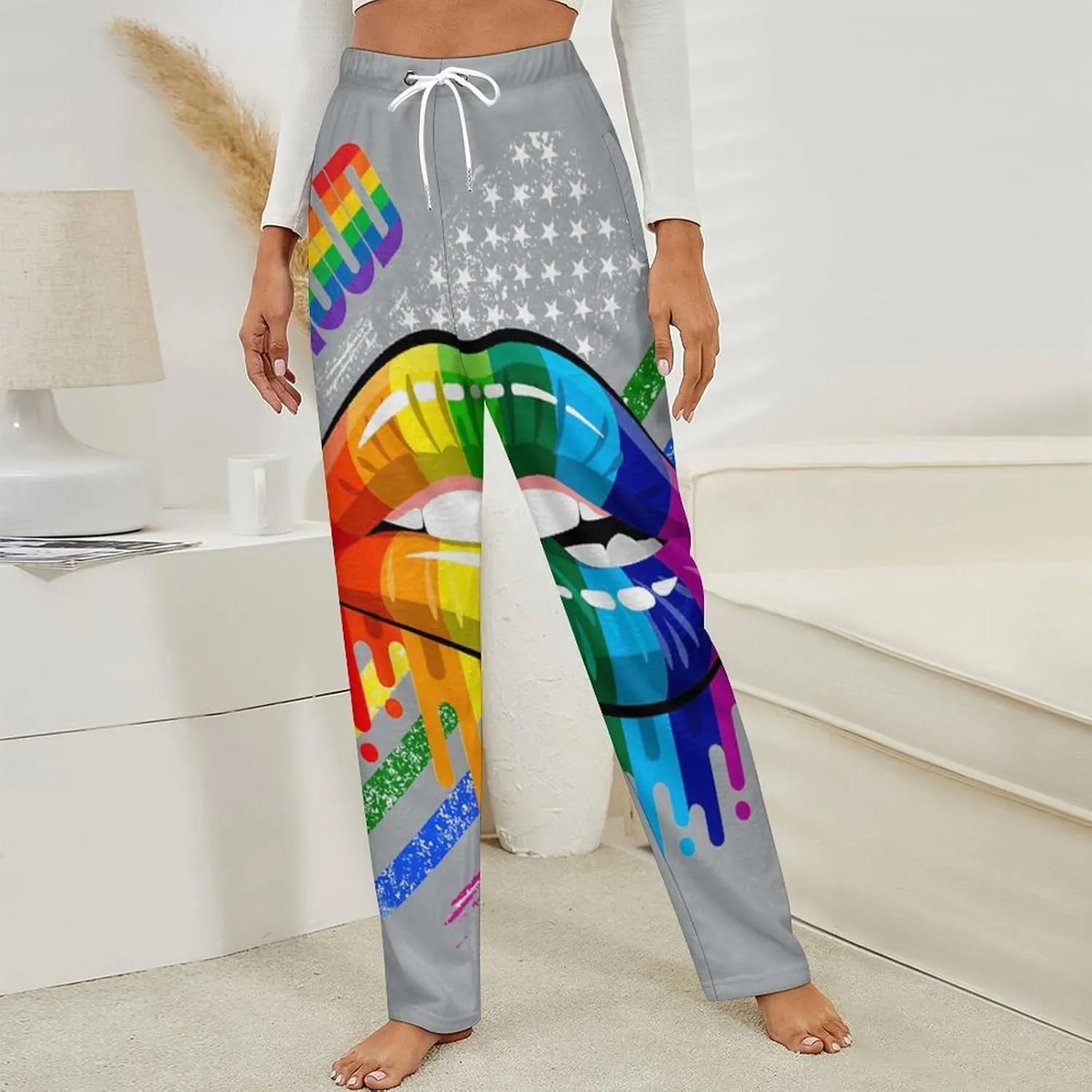 LGBT Rainbow Lips Pride GAY Women's Flannel Pajama Pants Fleece Lounge Sleep Bottoms PJ